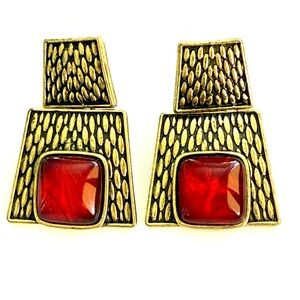 Vintage Artisan Elegant Gold tone and Red Earrings